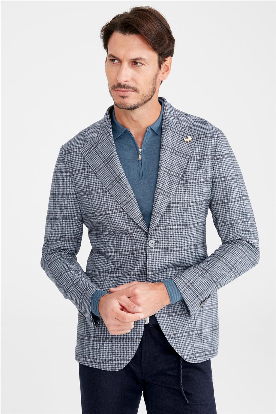 Mavi Kareli Yün Ceket - Image 3