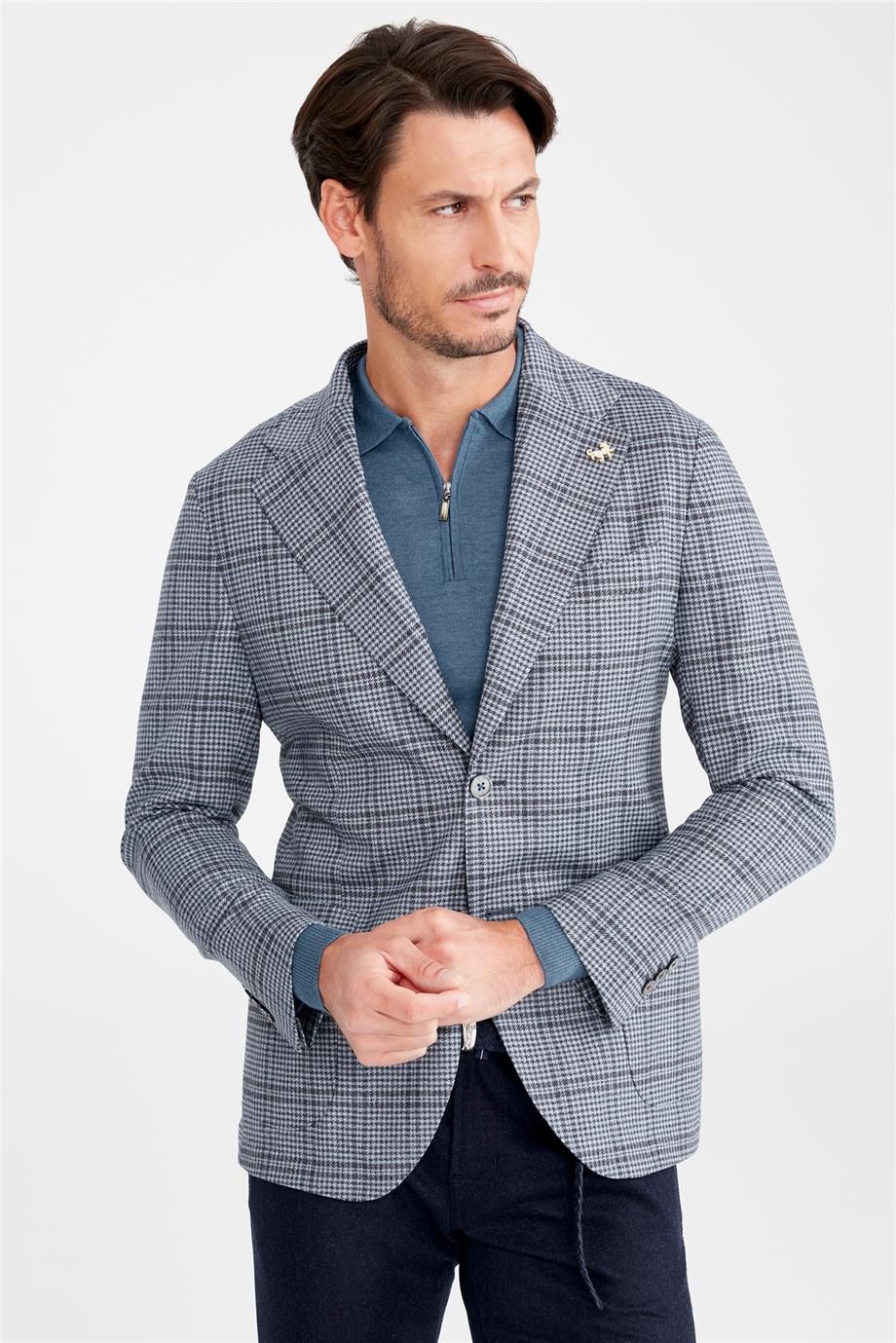 Mavi Kareli Yün Ceket - Image 2