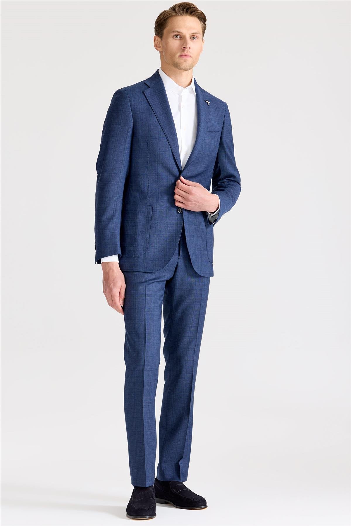 Mavi Kareli Yün Takım Elbise