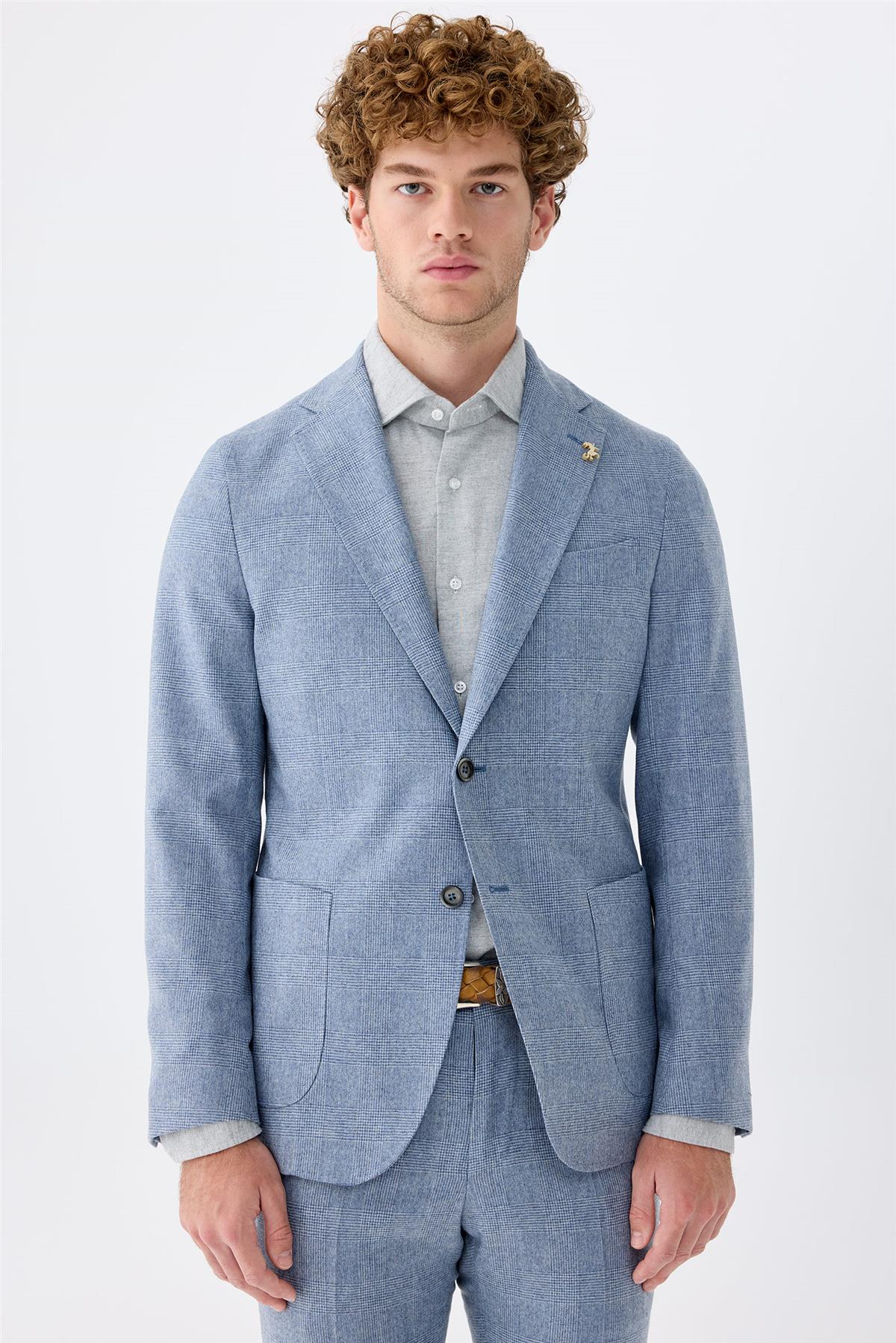 Mavi Kareli Yün Takım Elbise - Image 3