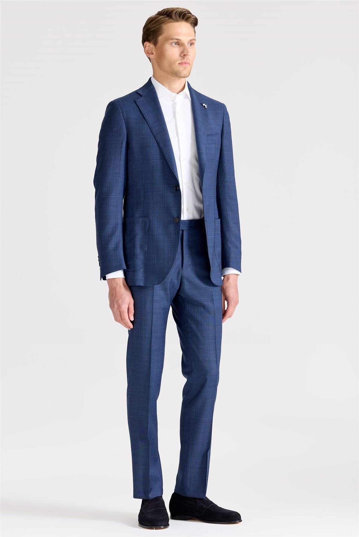 Mavi Kareli Yün Takım Elbise