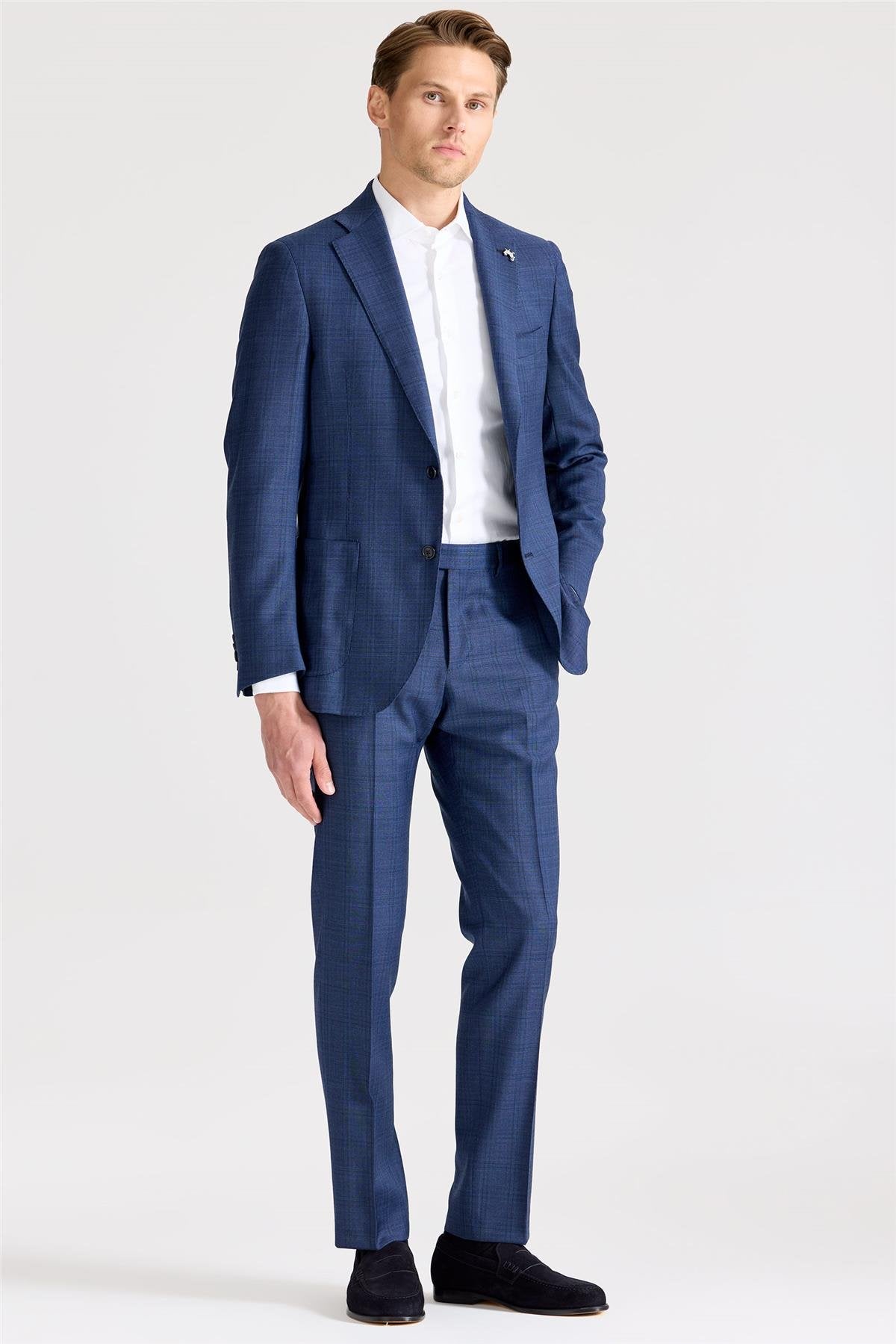 Mavi Kareli Yün Takım Elbise