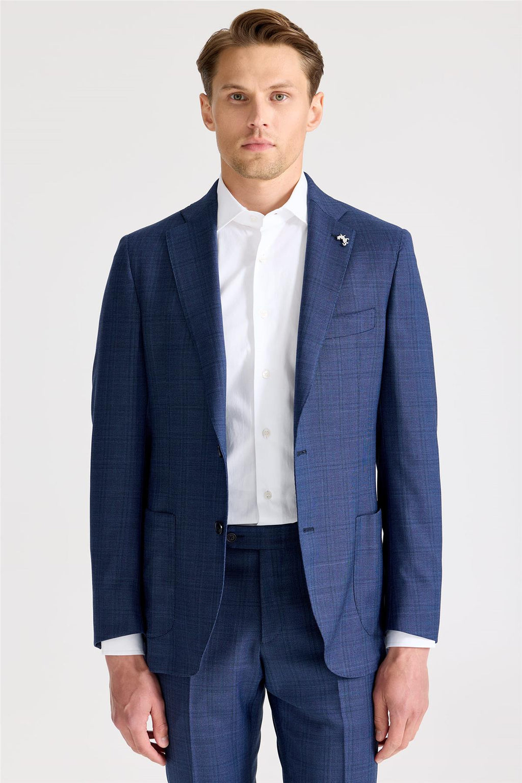 Mavi Kareli Yün Takım Elbise