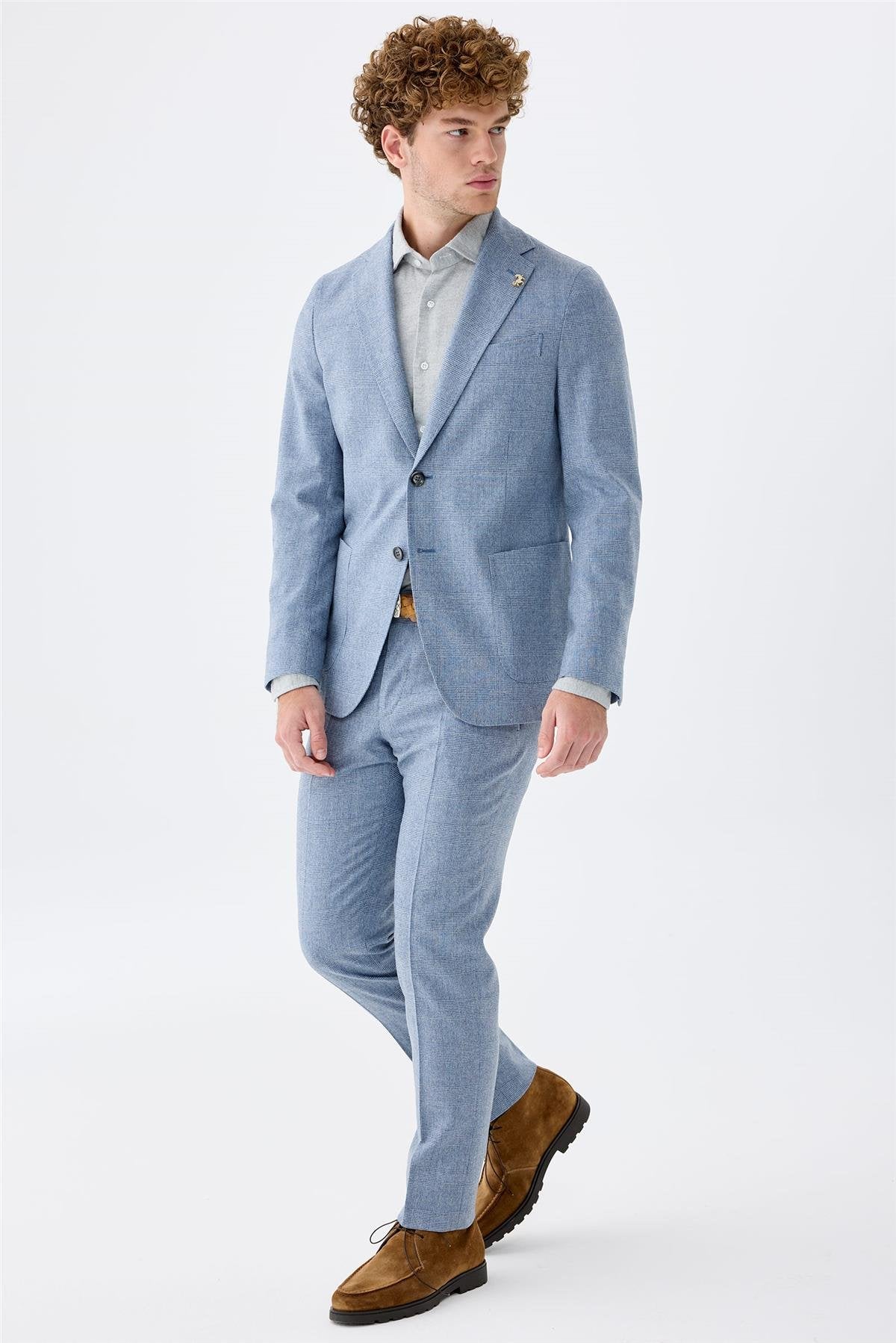 Mavi Kareli Yün Takım Elbise - Image 1