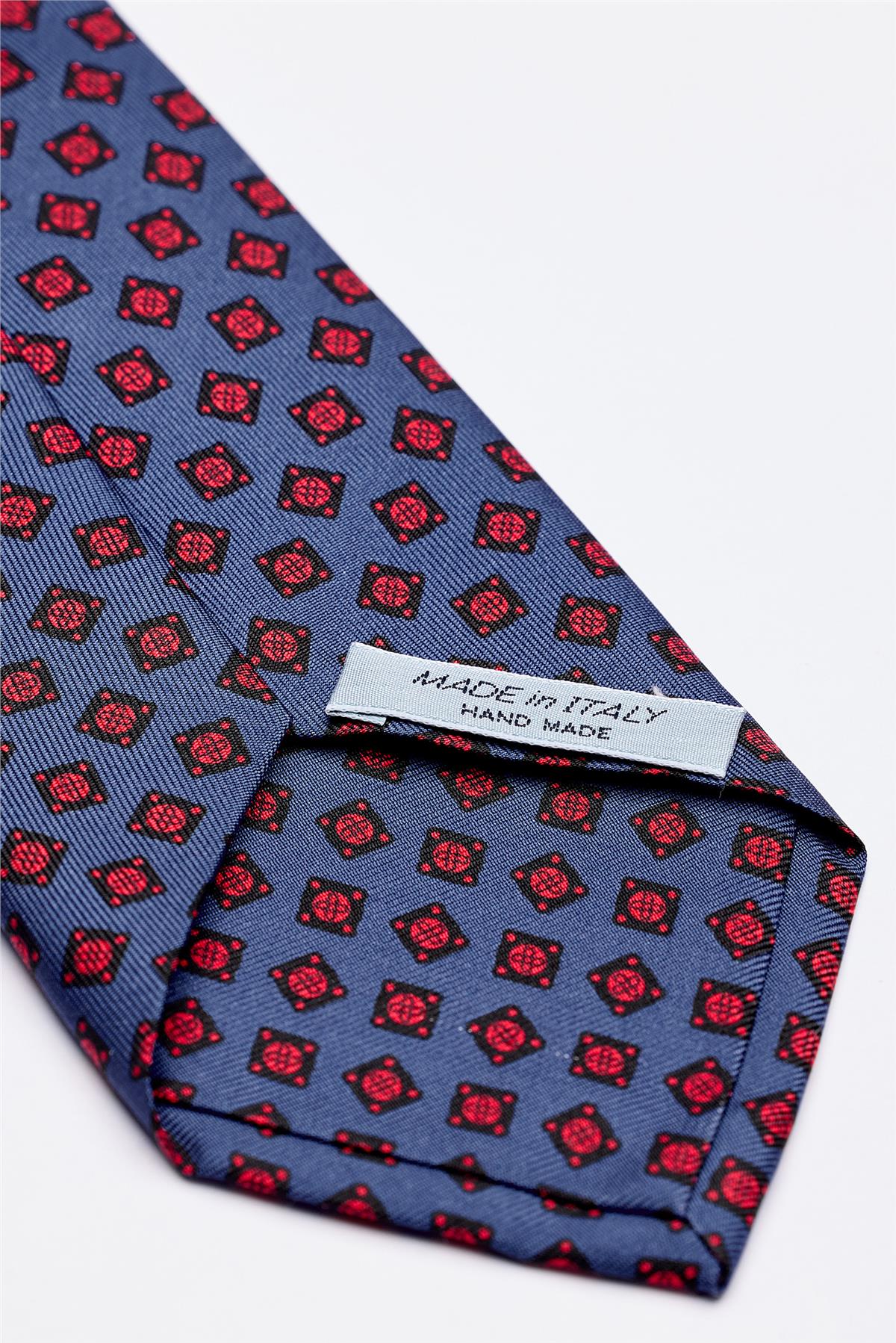 Mavi Kırmızı Desenli 7 Fold İpek Kravat - Image 4