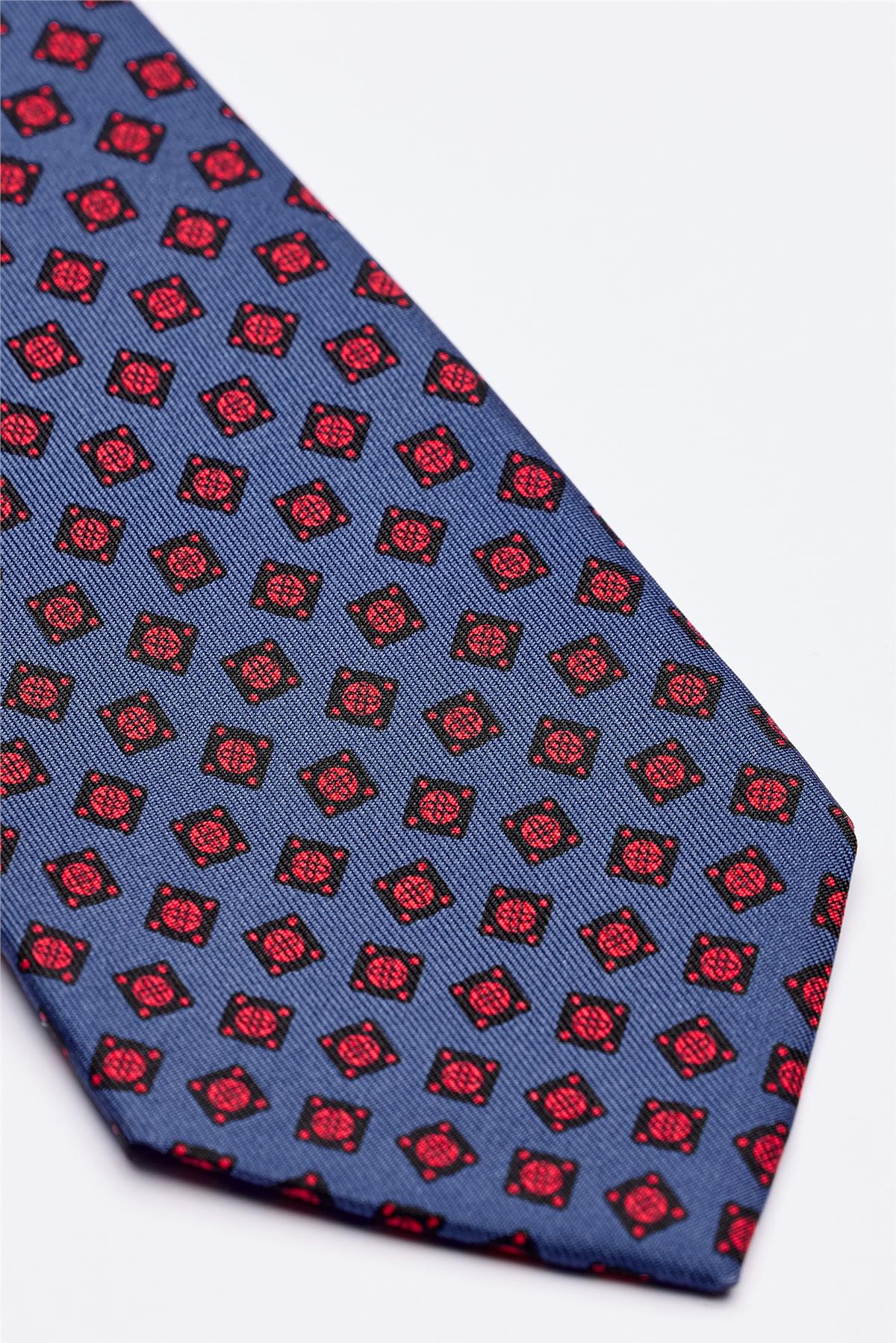 Mavi Kırmızı Desenli 7 Fold İpek Kravat - Image 3