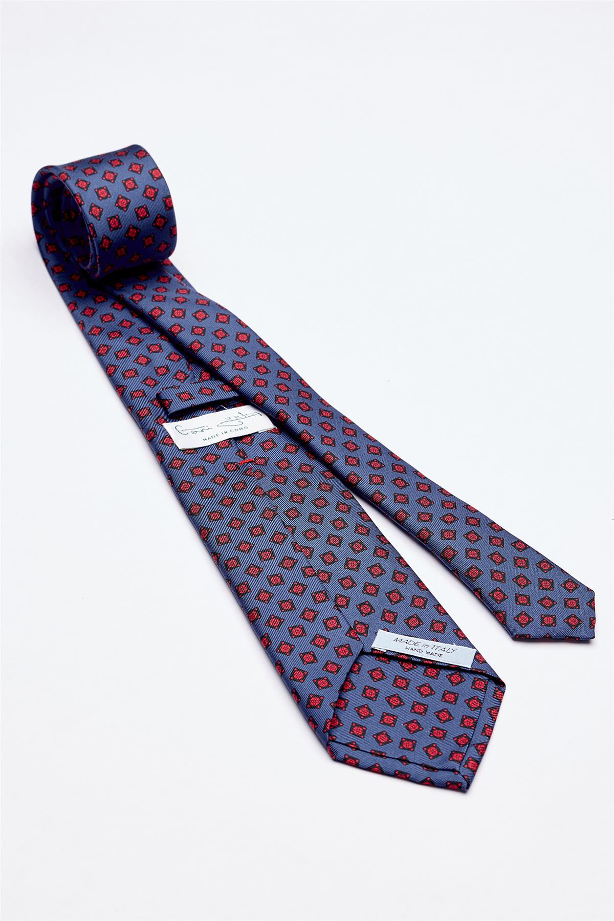 Mavi Kırmızı Desenli 7 Fold İpek Kravat - Image 2