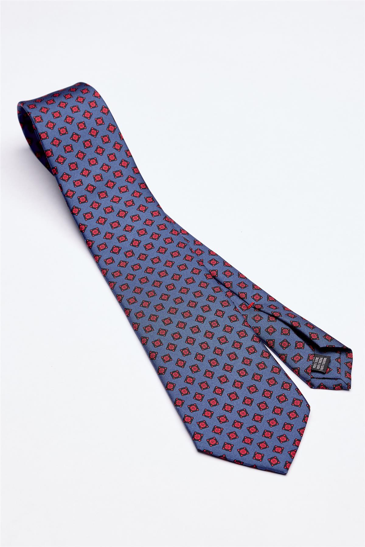 Mavi Kırmızı Desenli 7 Fold İpek Kravat - Image 1