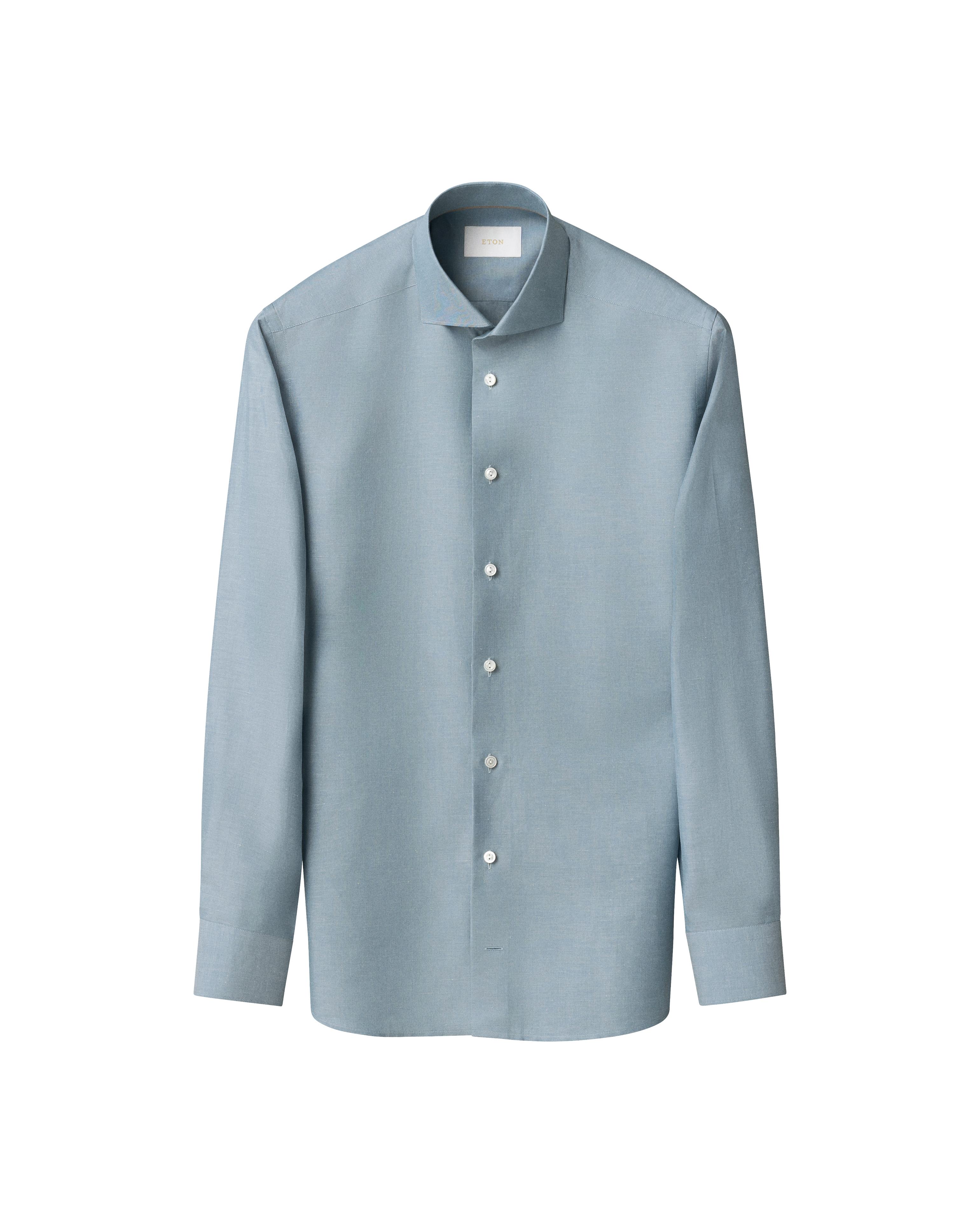 Mavi Pamuk Keten İpek Gömlek - Image 4