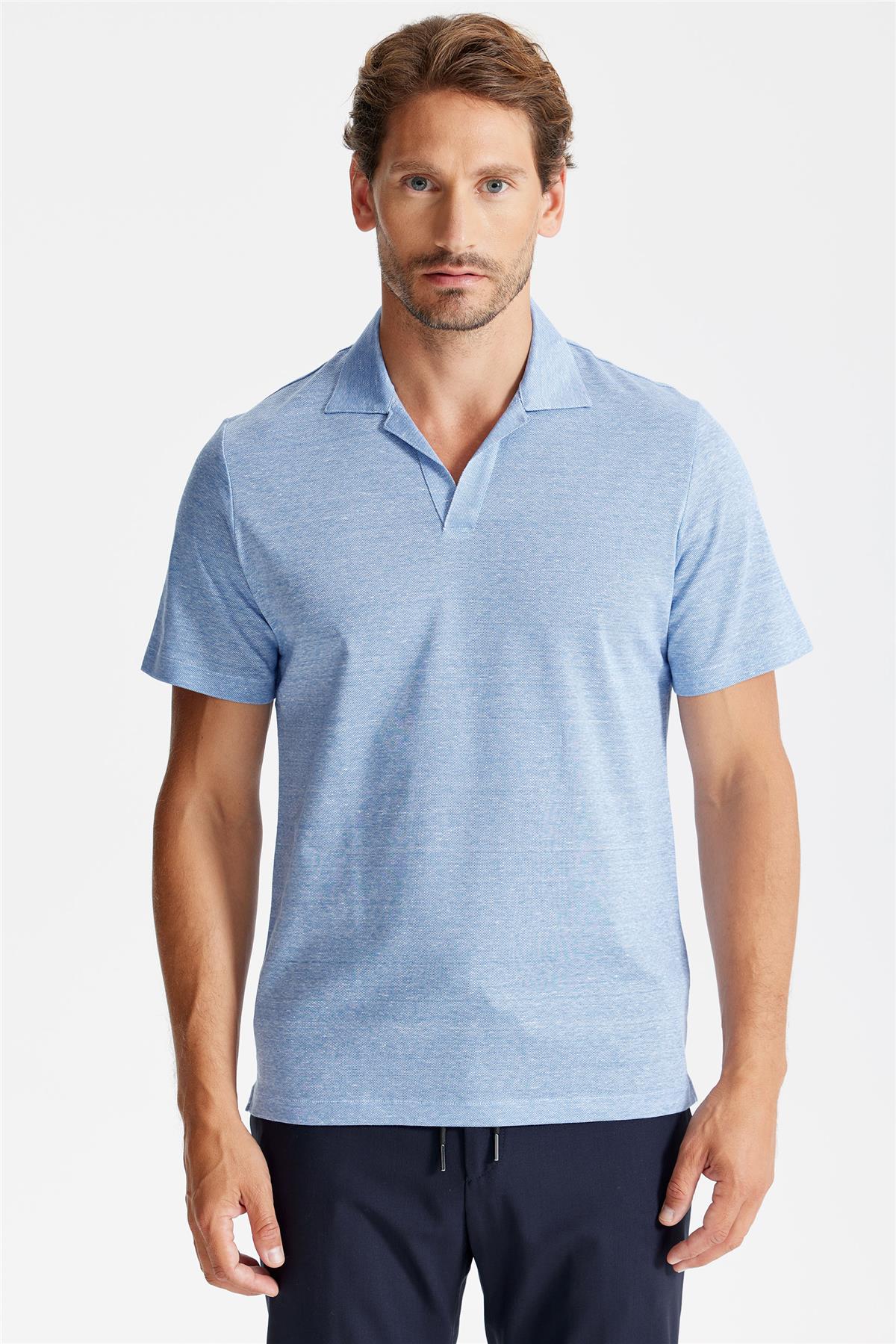 Mavi Pamuk Keten Polo Yaka T-Shirt
