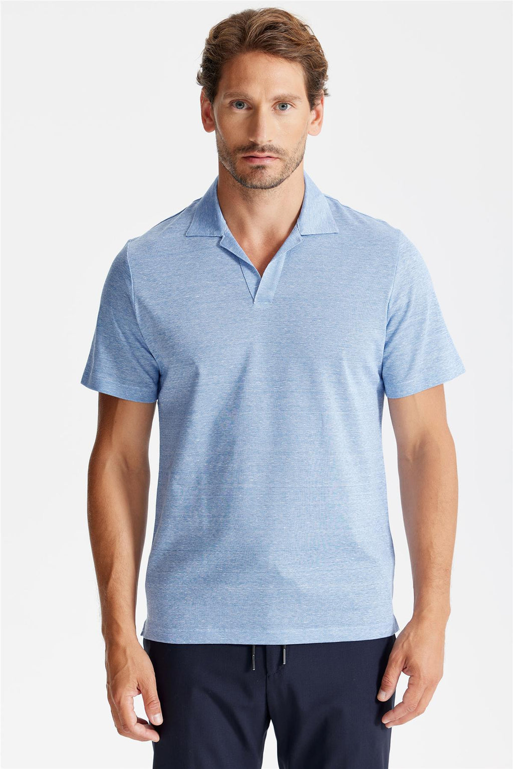 Mavi Pamuk Keten Polo Yaka T-Shirt - 1