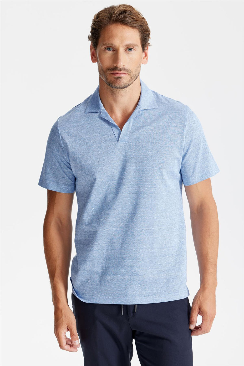 Mavi Pamuk Keten Polo Yaka T-Shirt - 6