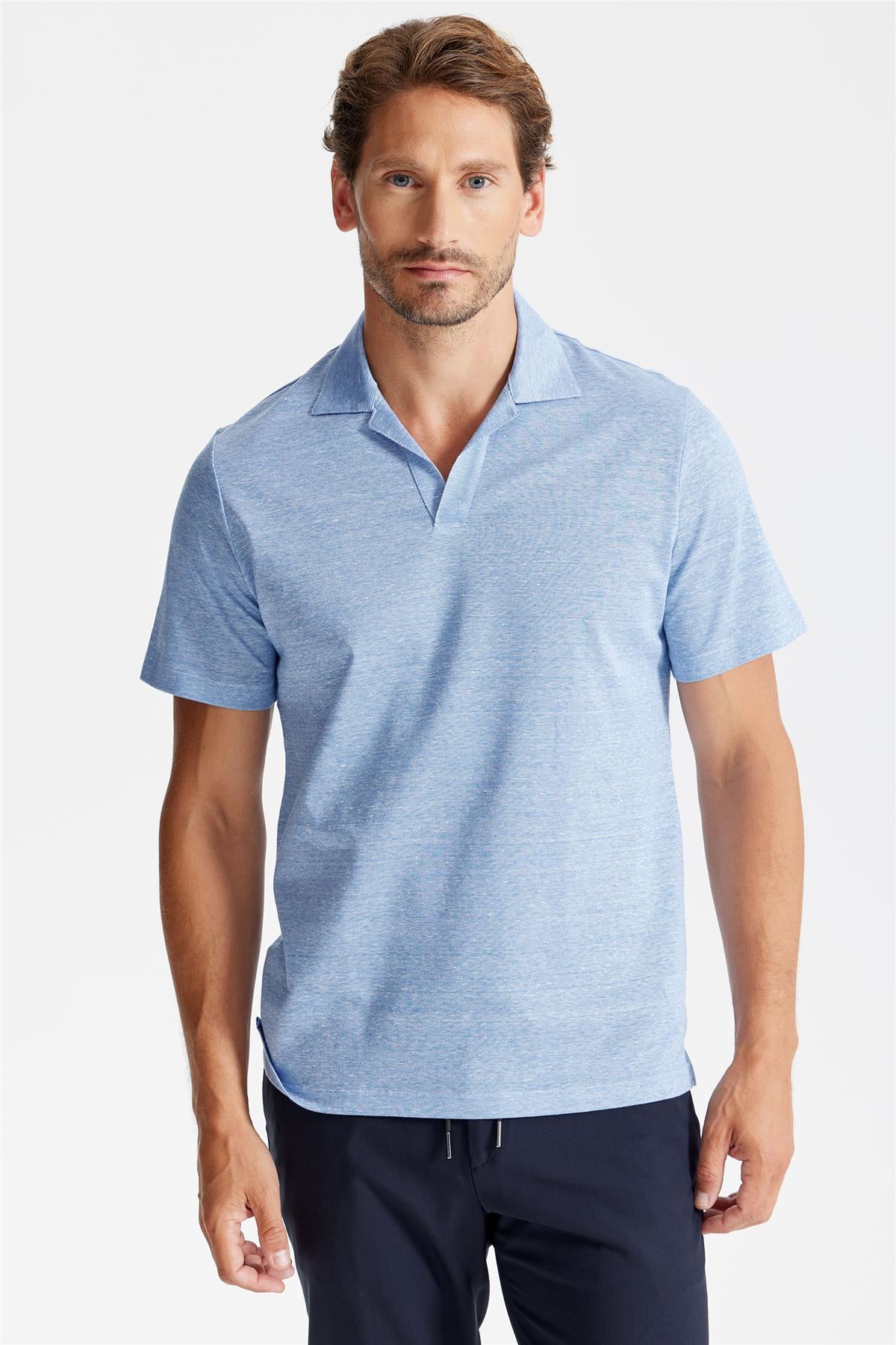 Mavi Pamuk Keten Polo Yaka T-Shirt - 6
