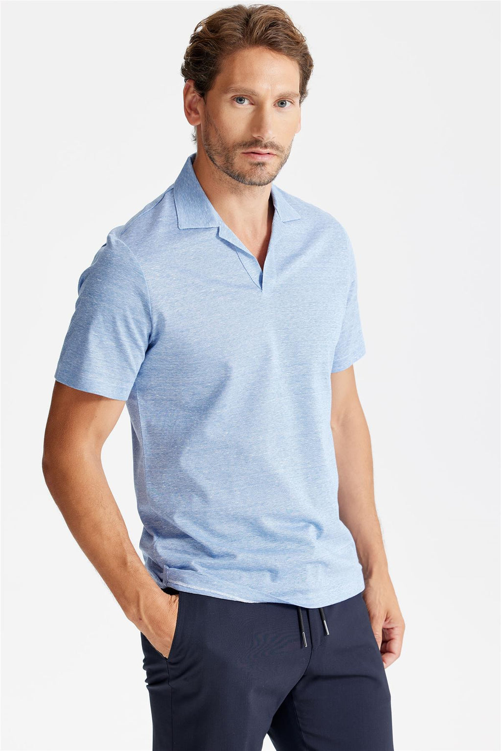 Mavi Pamuk Keten Polo Yaka T-Shirt - 4