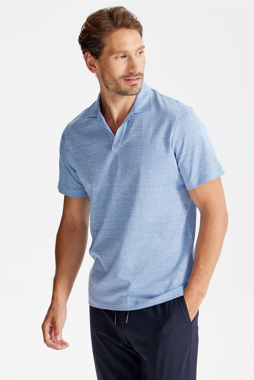 Mavi Pamuk Keten Polo Yaka T-Shirt - 3