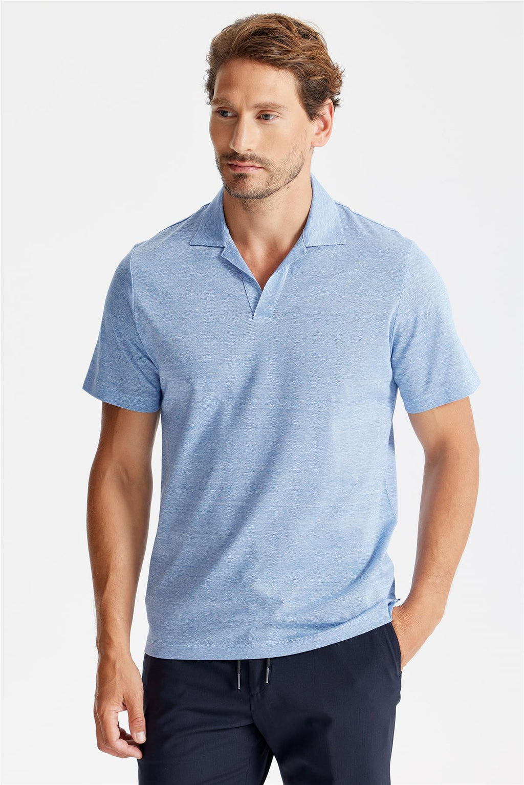 Mavi Pamuk Keten Polo Yaka T-Shirt - 2