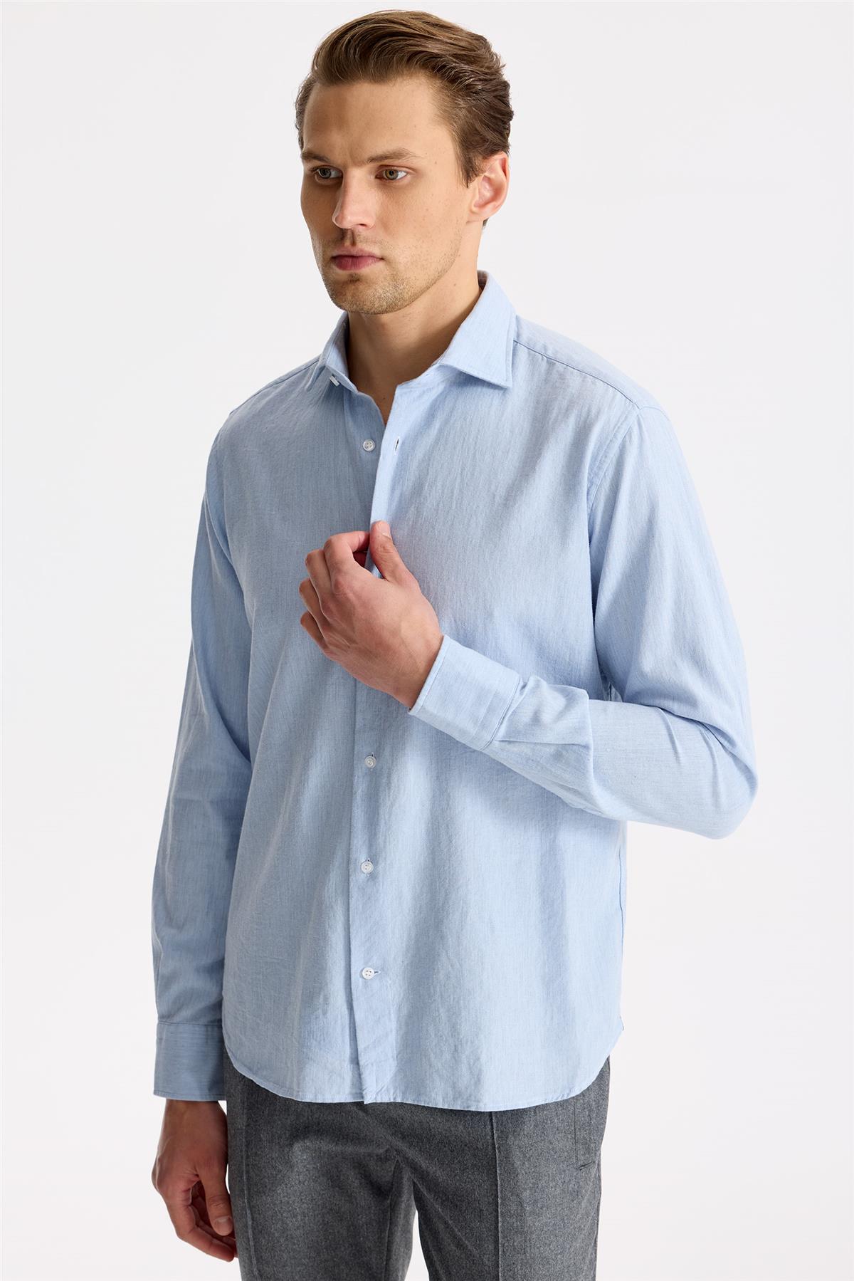 Mavi Pamuk Teknik Gömlek - Image 5
