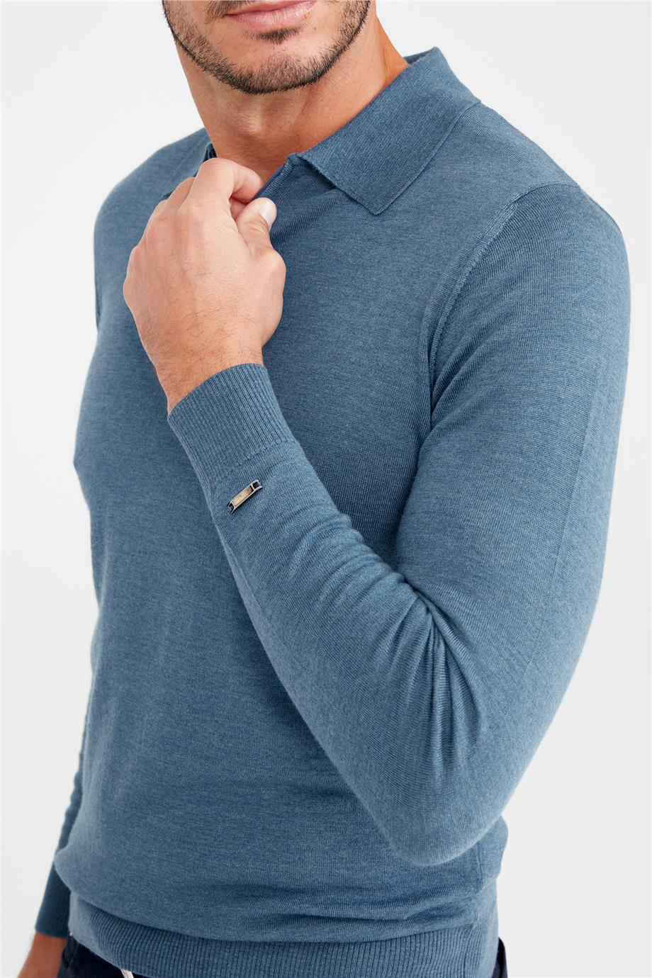 Mavi Polo Yaka Yün Triko - Image 4