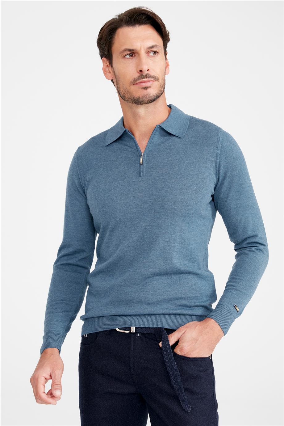Mavi Polo Yaka Yün Triko - Image 1