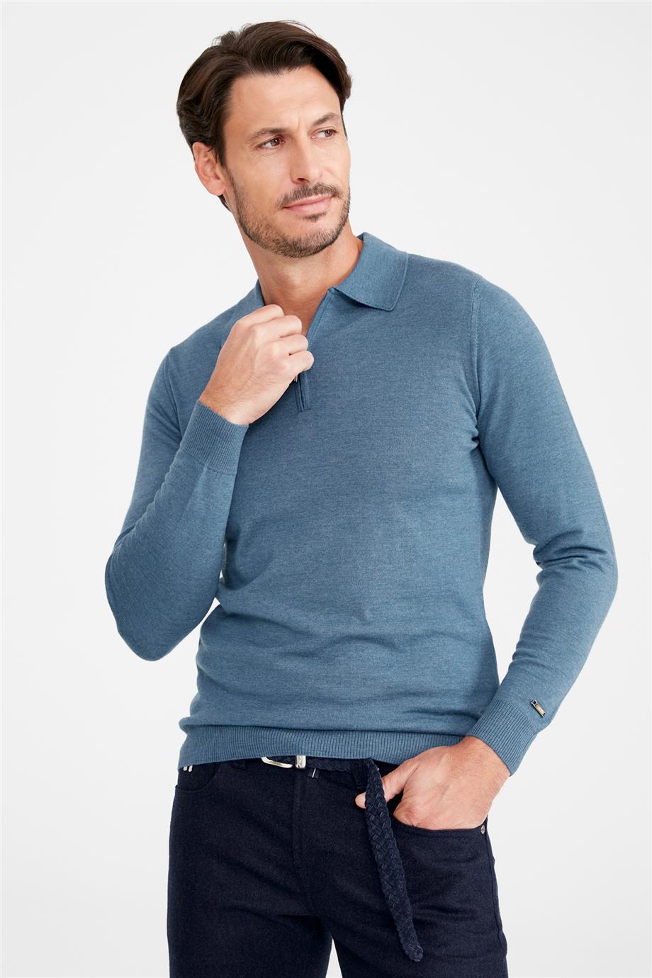 Mavi Polo Yaka Yün Triko - Image 3