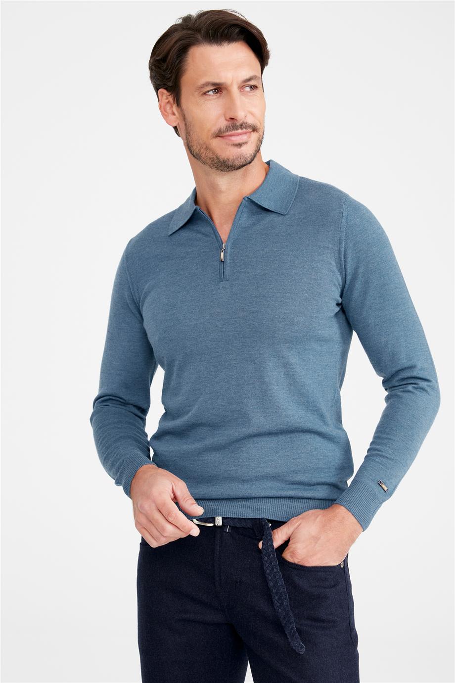 Mavi Polo Yaka Yün Triko - Image 2
