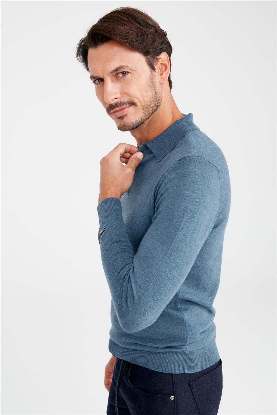 Mavi Polo Yaka Yün Triko - Image 5