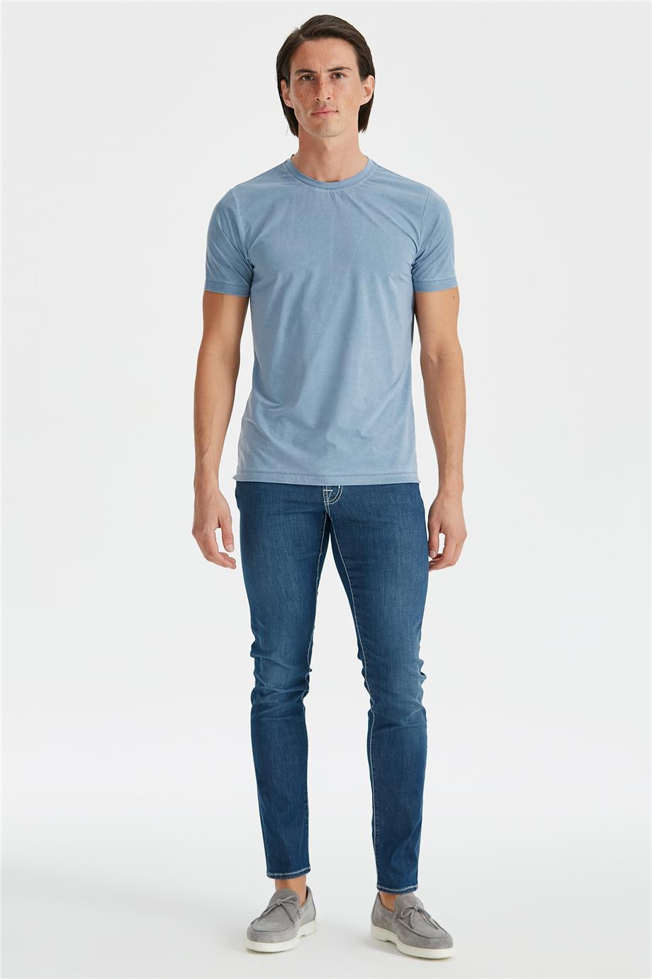 Mavi Sıfır Yaka Teknik Kumaş T-shirt