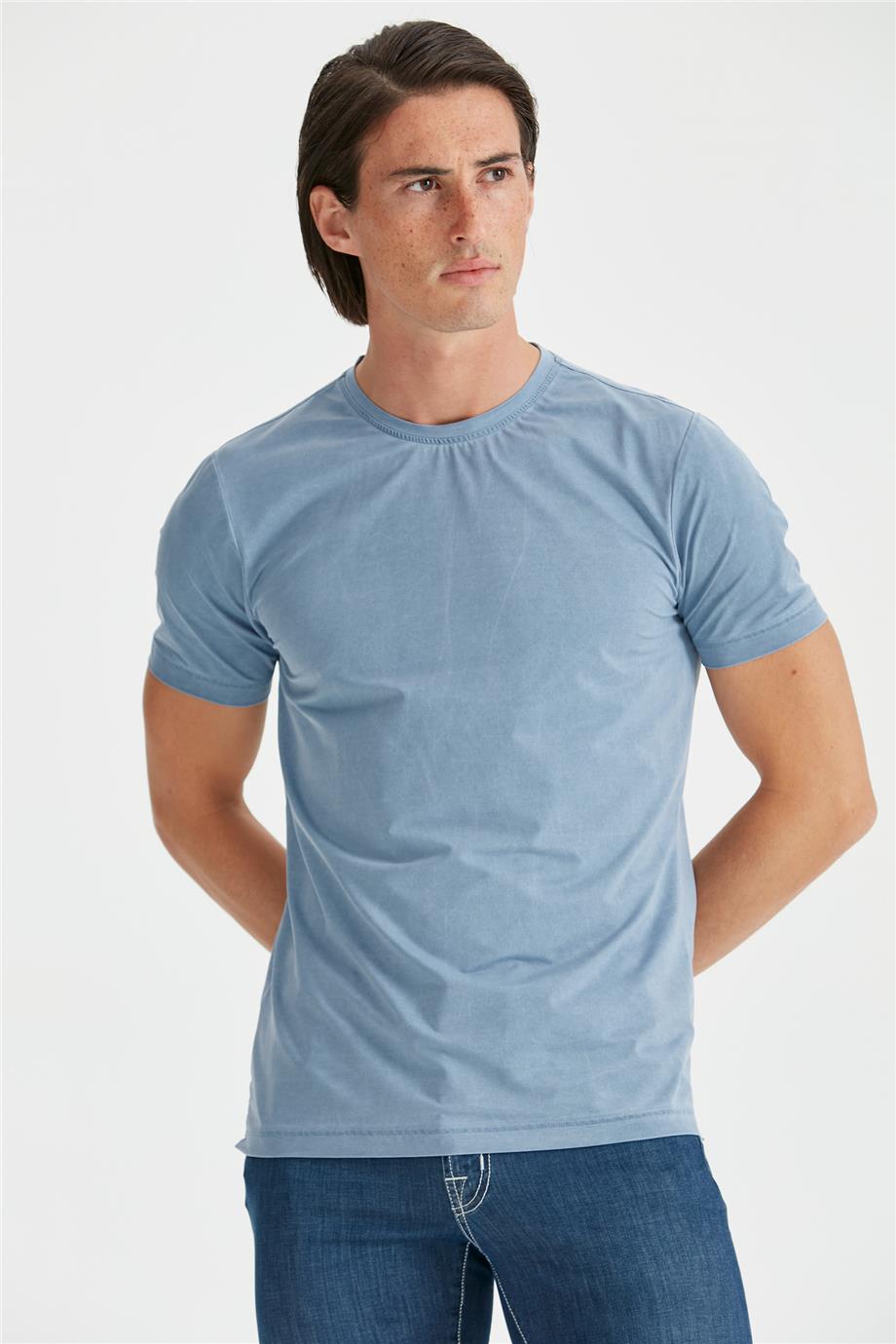 Mavi Sıfır Yaka Teknik Kumaş T-shirt