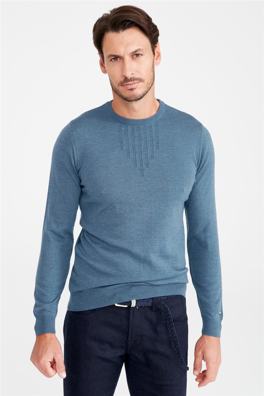 Mavi Sıfır Yaka Yün Triko - Image 1