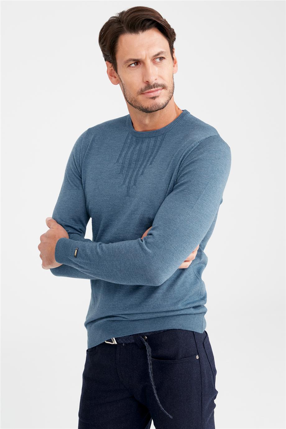 Mavi Sıfır Yaka Yün Triko - Image 3