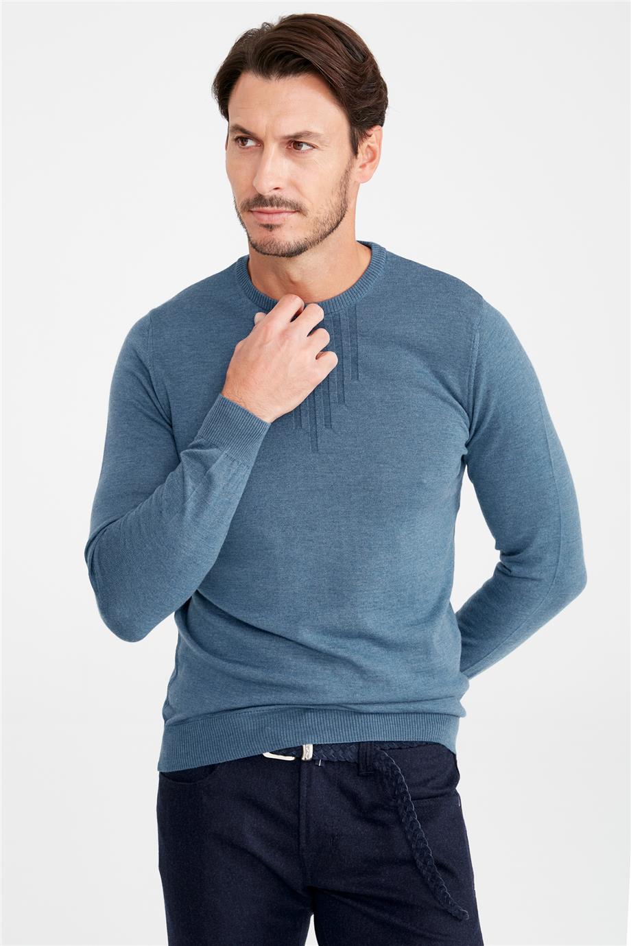 Mavi Sıfır Yaka Yün Triko - Image 2