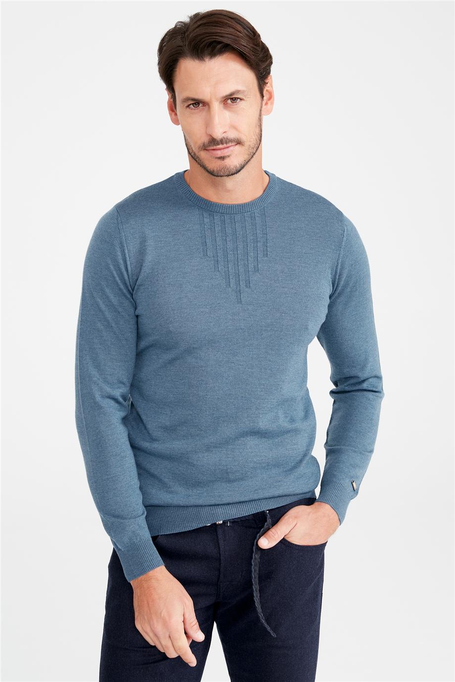 Mavi Sıfır Yaka Yün Triko - Image 5