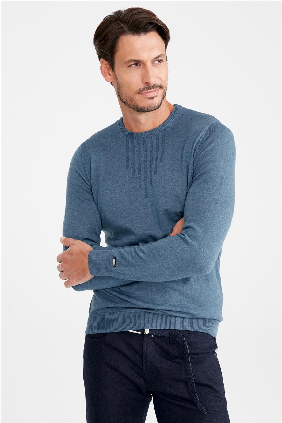 Mavi Sıfır Yaka Yün Triko - Image 4