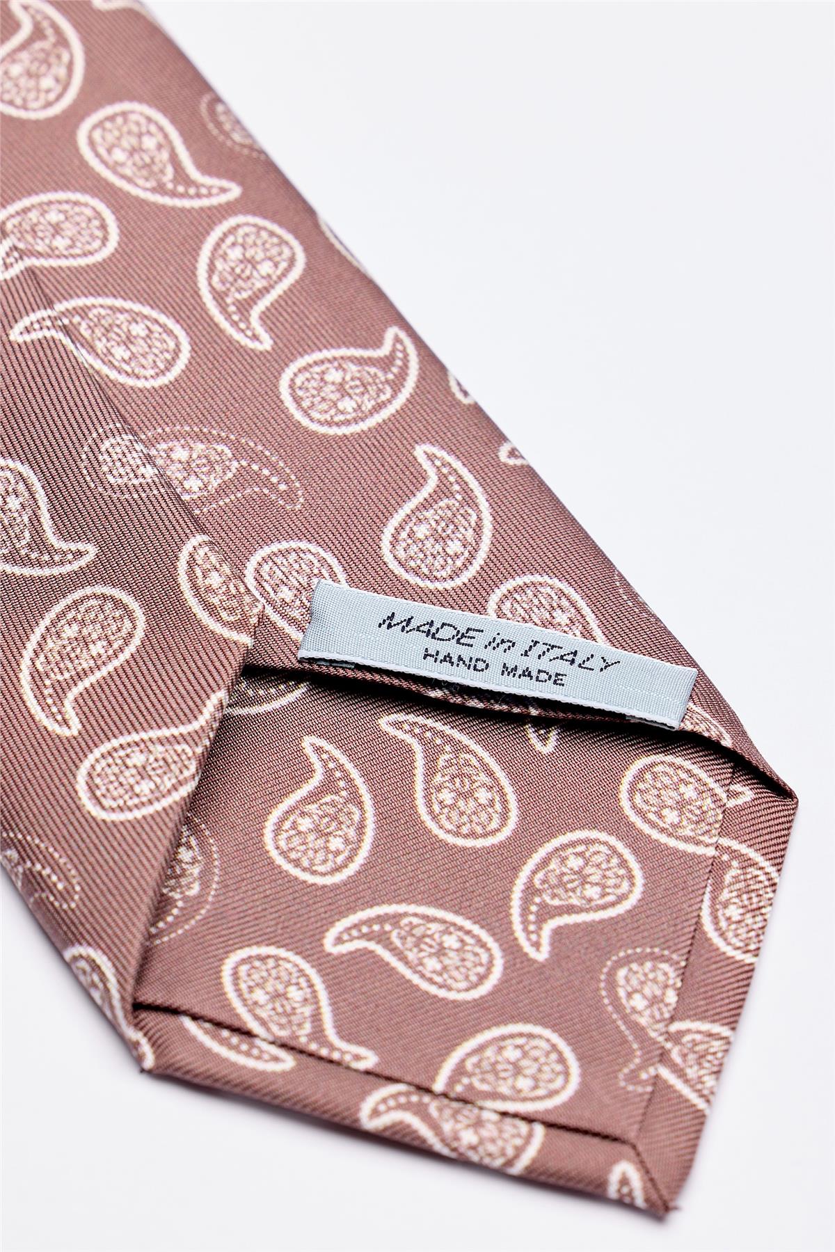 Moka Kahve Beyaz Şal Desenli 7 Fold İpek Kravat - Image 4