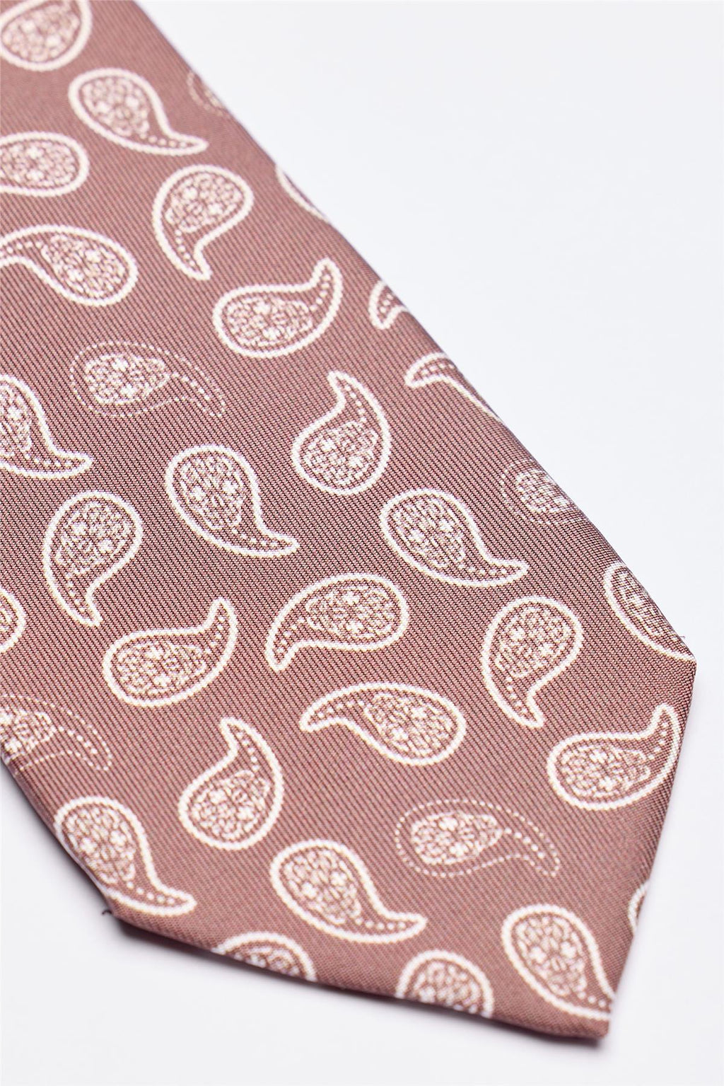 Moka Kahve Beyaz Şal Desenli 7 Fold İpek Kravat - Image 3
