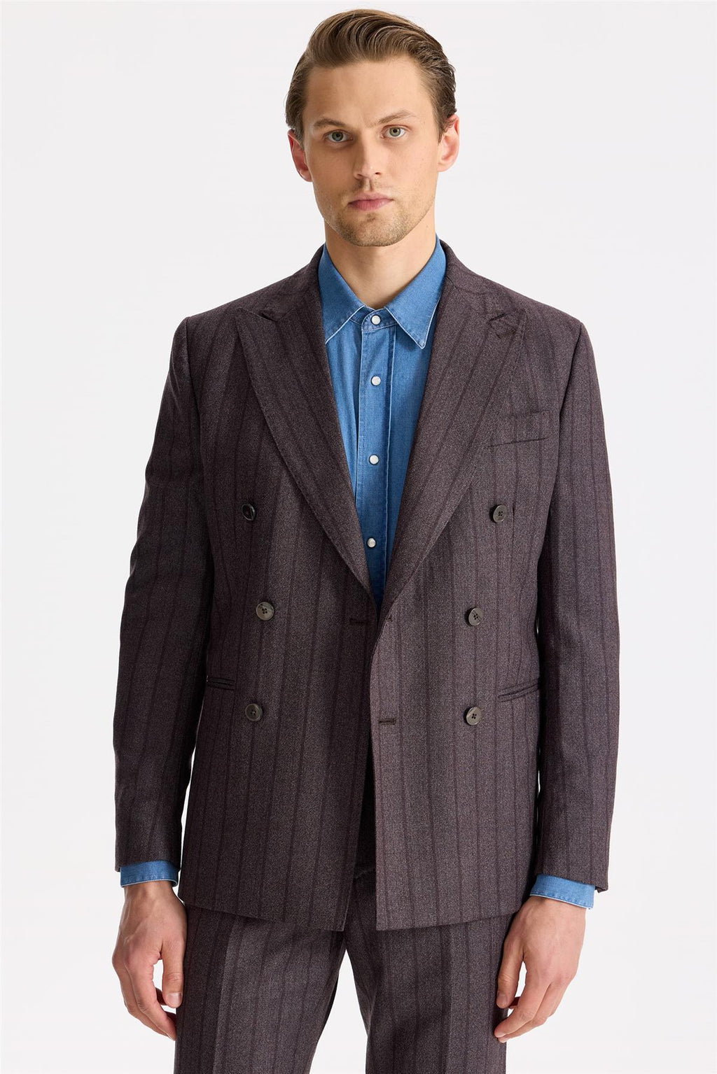 Mürdüm Çizgili Kruvaze Yün Takım Elbise - Image 5