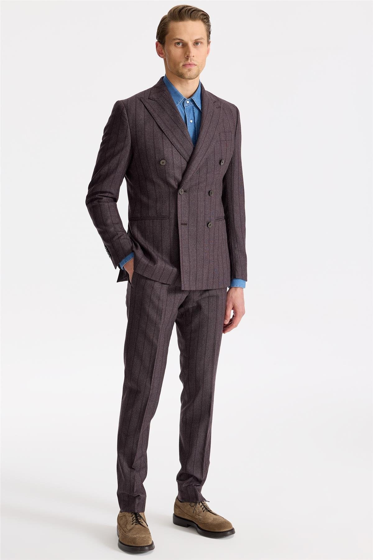 Mürdüm Çizgili Kruvaze Yün Takım Elbise - Image 2