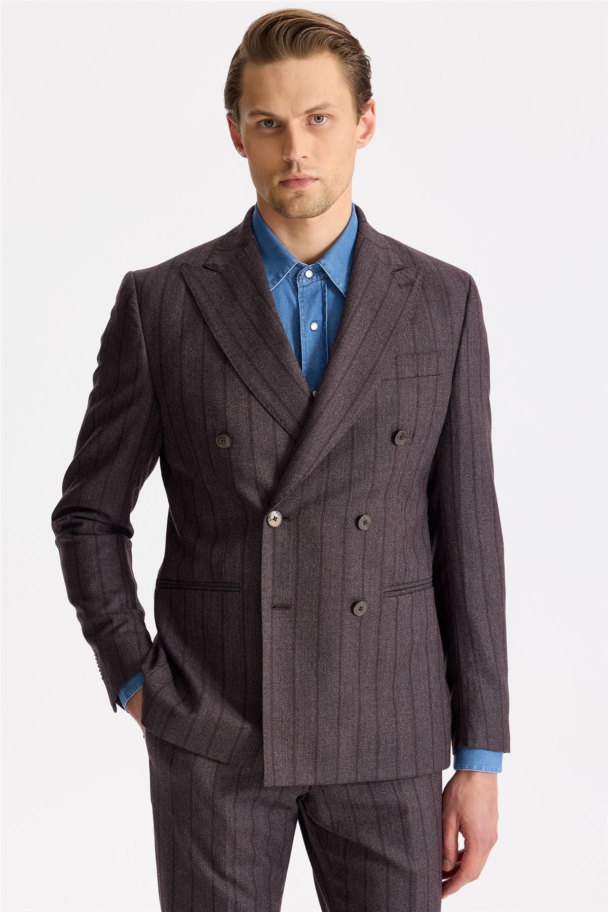 Mürdüm Çizgili Kruvaze Yün Takım Elbise - 1