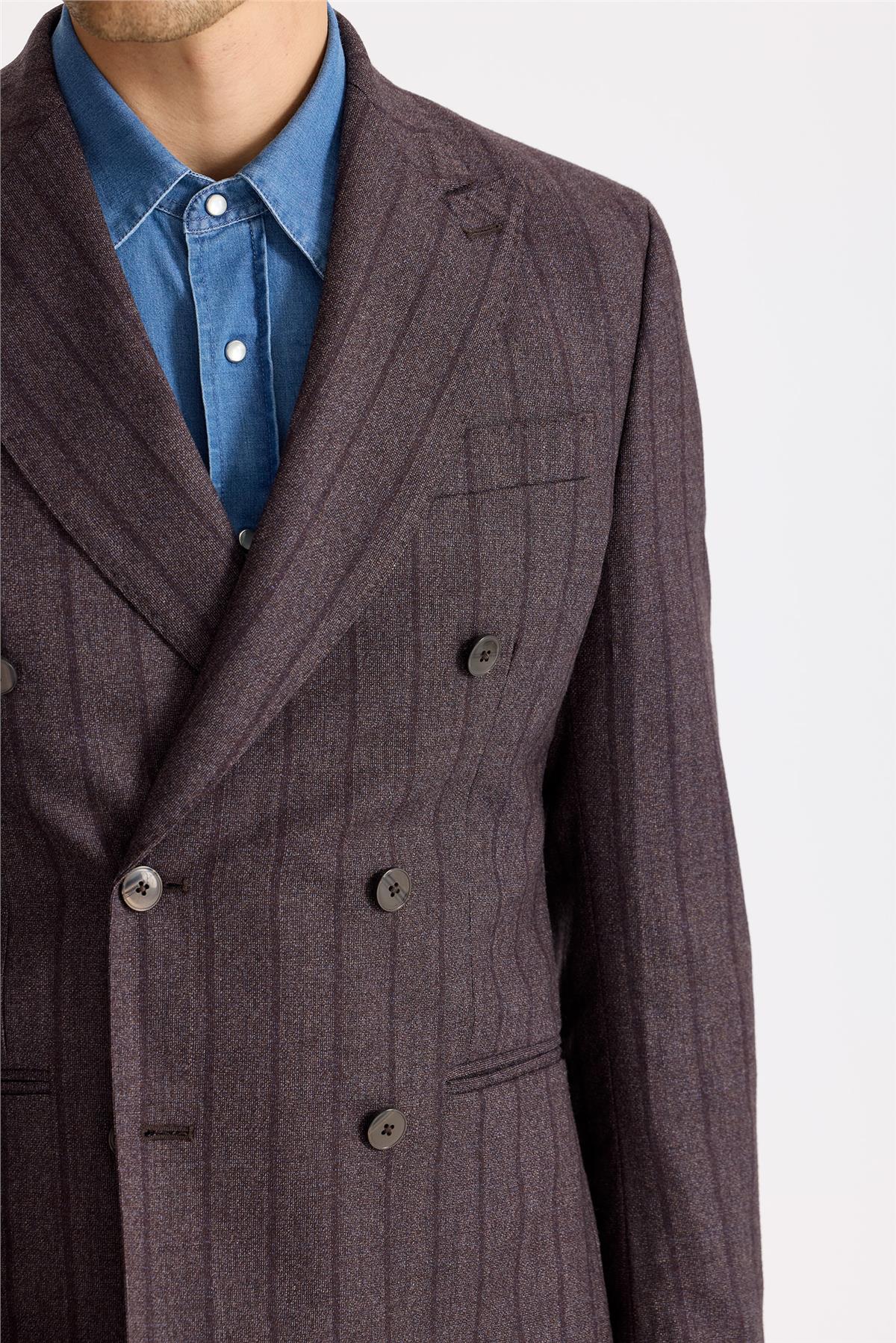 Mürdüm Çizgili Kruvaze Yün Takım Elbise - Image 3