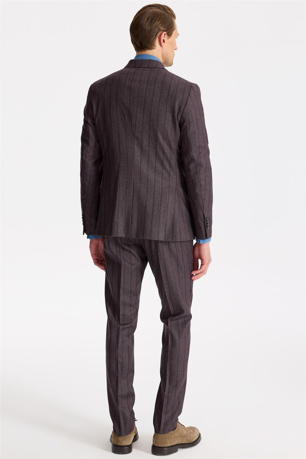 Mürdüm Çizgili Kruvaze Yün Takım Elbise - Image 4