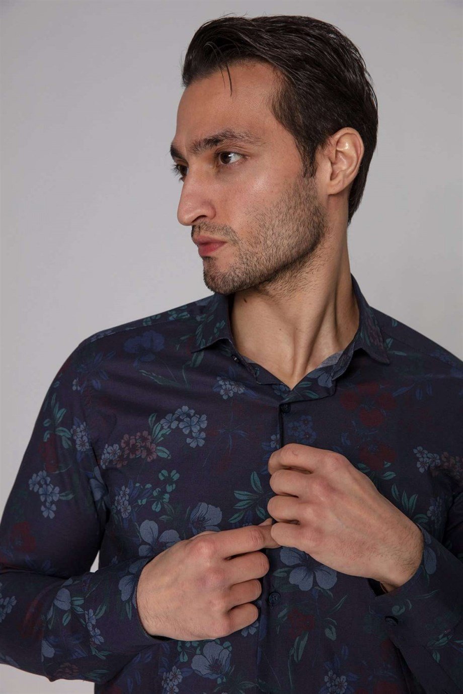 Orian Lacivert Çiçek Desenli Gömlek