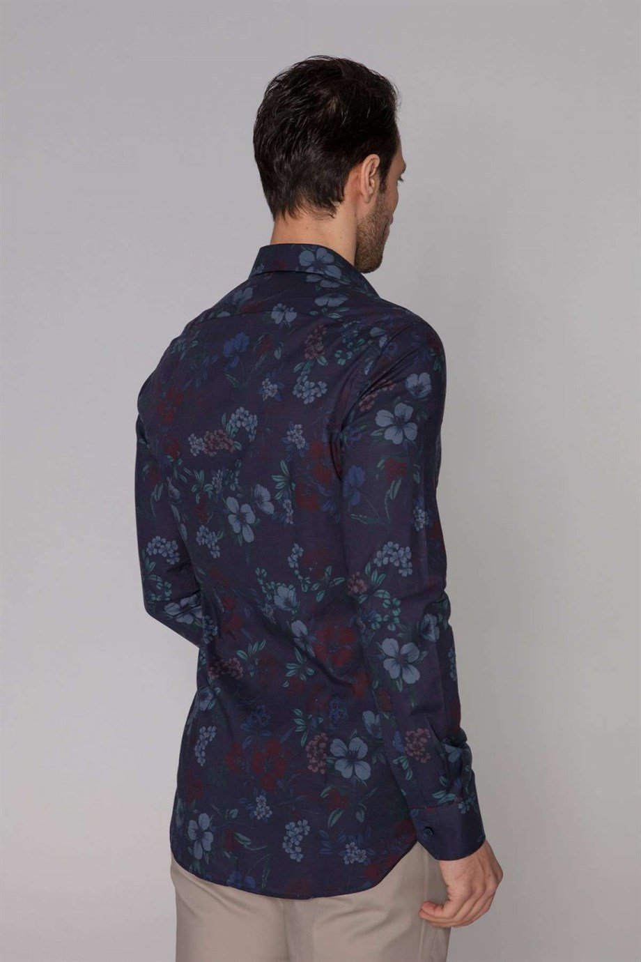 Orian Lacivert Çiçek Desenli Gömlek