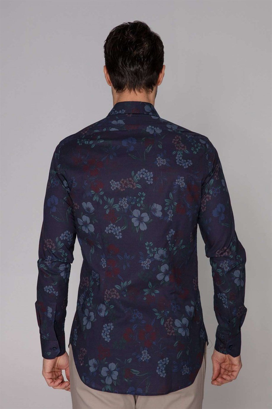 Orian Lacivert Çiçek Desenli Gömlek