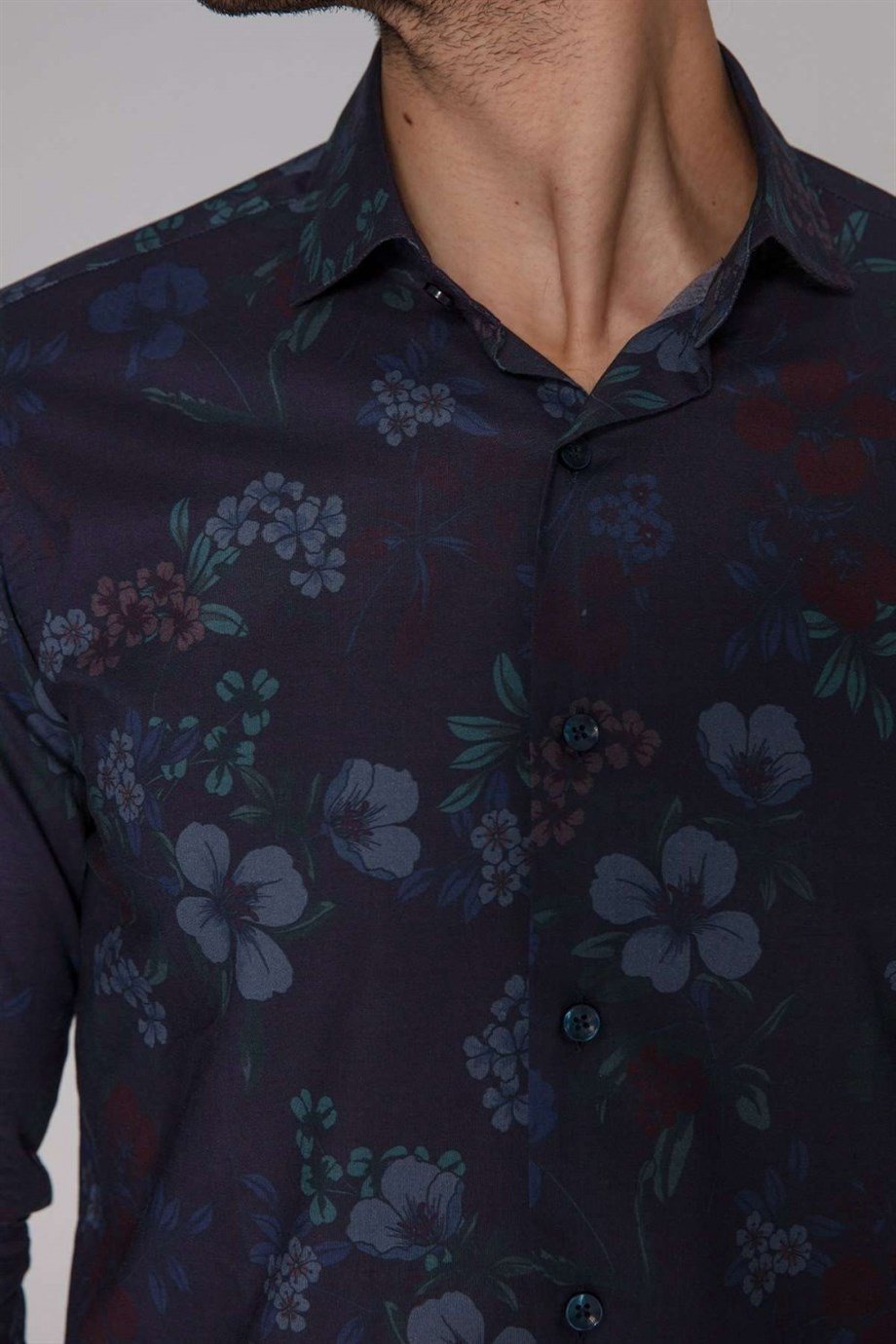 Orian Lacivert Çiçek Desenli Gömlek