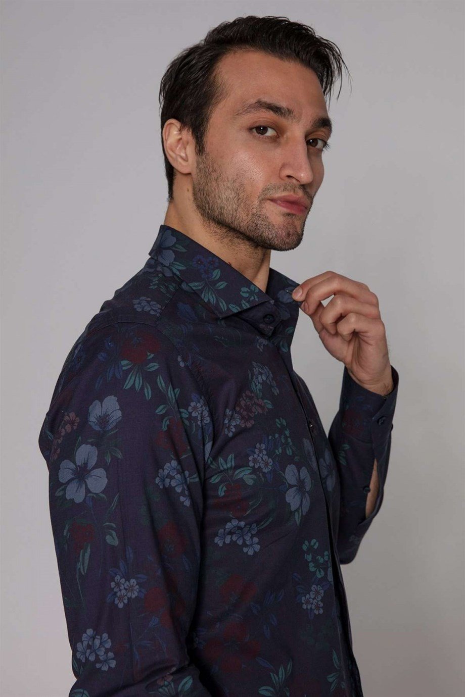 Orian Lacivert Çiçek Desenli Gömlek