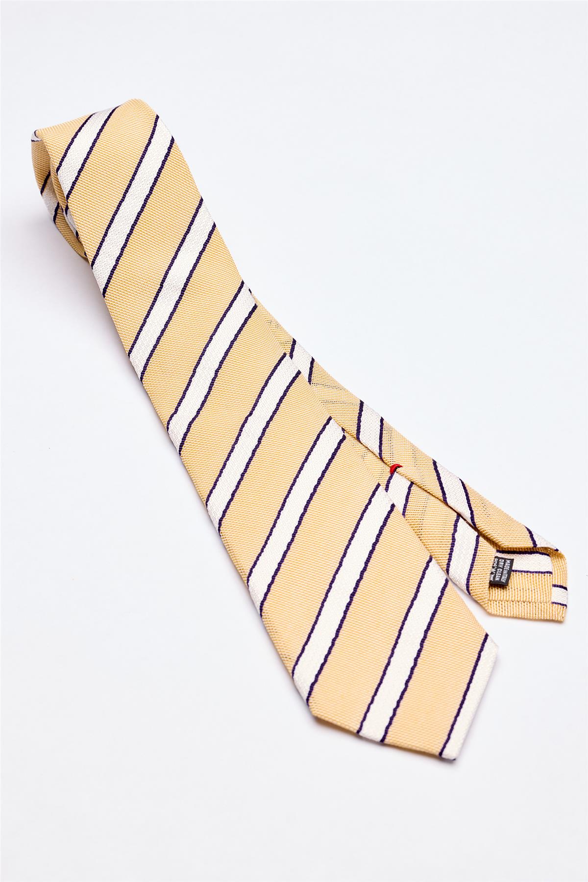 Sarı Beyaz Lacivert Çizgili 7 Fold Örgü İpek Kravat - Image 1
