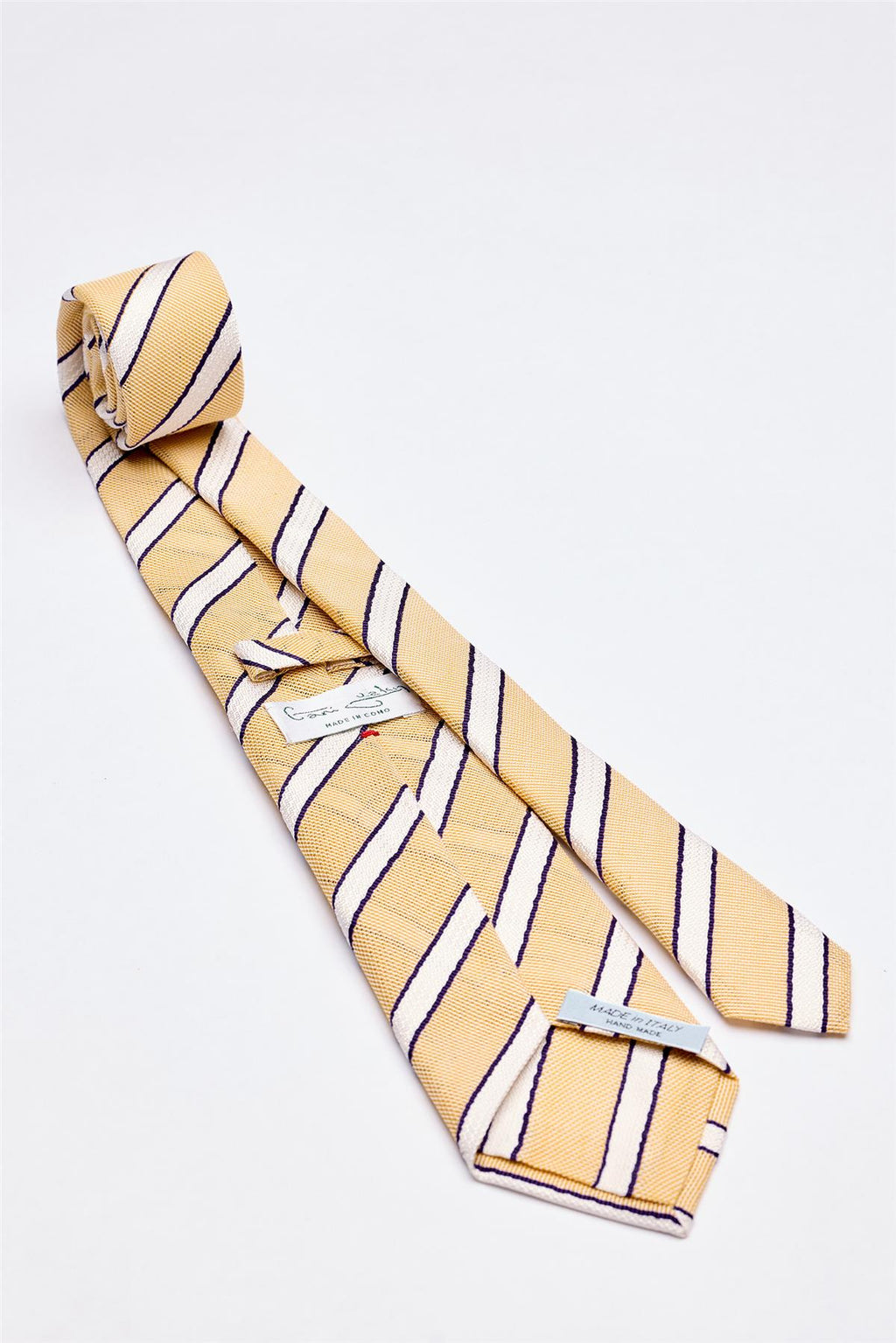 Sarı Beyaz Lacivert Çizgili 7 Fold Örgü İpek Kravat - Image 2