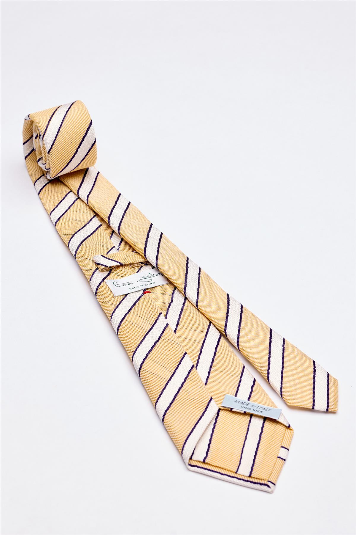Sarı Beyaz Lacivert Çizgili 7 Fold Örgü İpek Kravat - Image 2