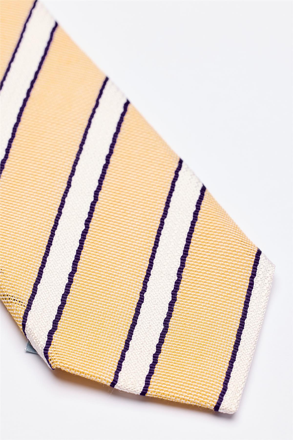 Sarı Beyaz Lacivert Çizgili 7 Fold Örgü İpek Kravat - Image 3