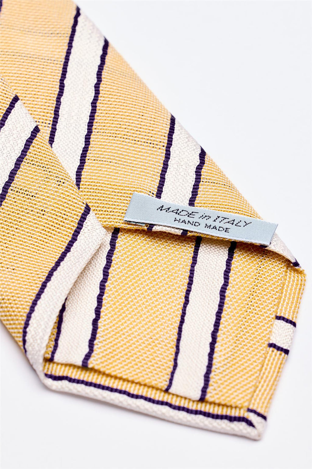 Sarı Beyaz Lacivert Çizgili 7 Fold Örgü İpek Kravat - Image 4